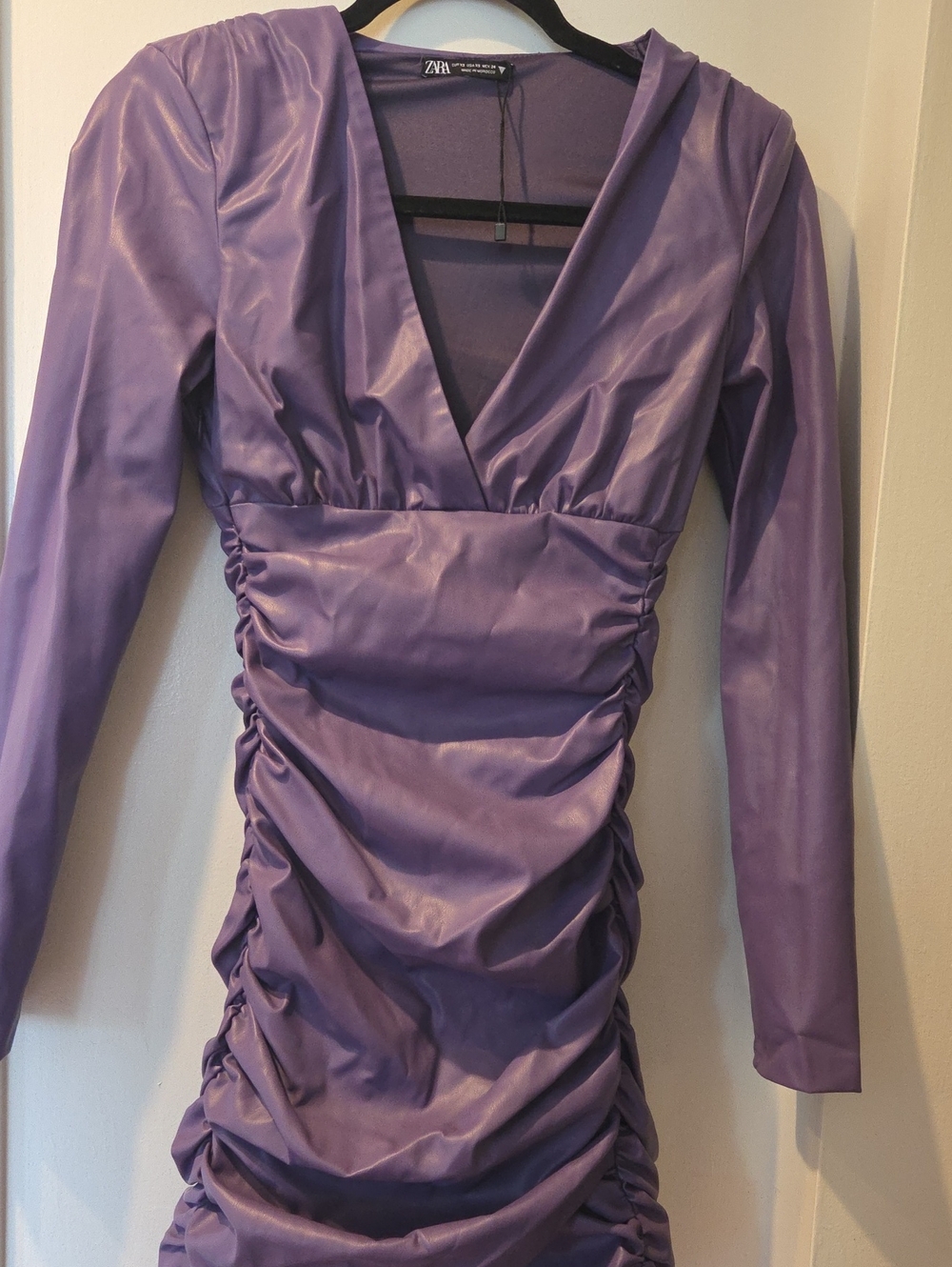 Zara Lavender Faux Leather Ruched V-Neck Long Sleeve Dress